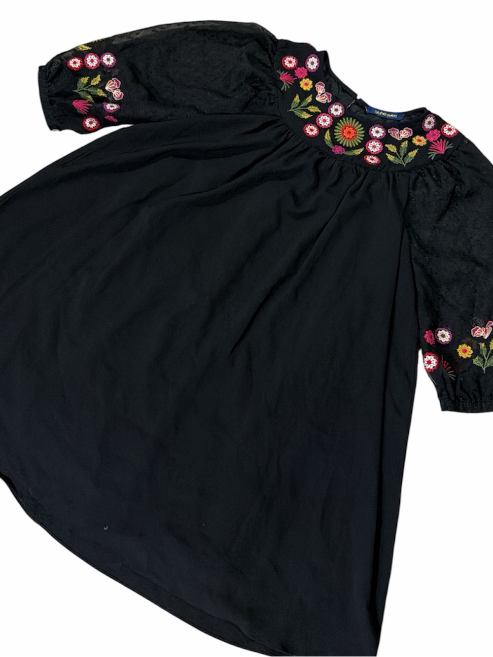 BLUHEAVEN Black Embroidered Floral Yoke Dress With Sheer Sleeves